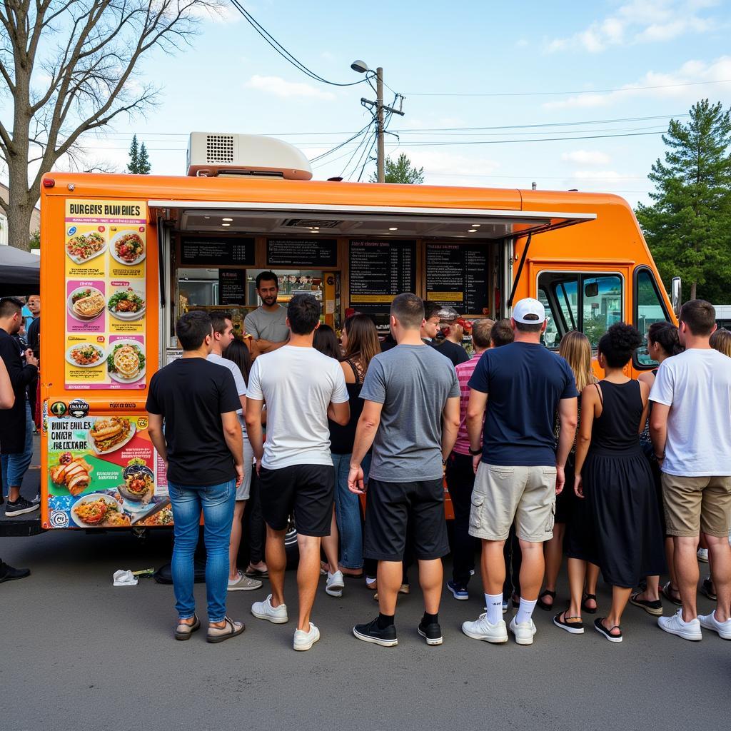 Gourmet food truck serving a variety of dishes to happy customers