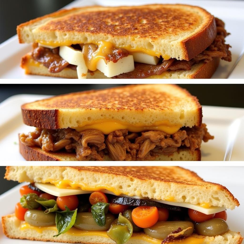 Close-up shots of gourmet grilled cheese sandwiches with various fillings and cheeses, highlighting the quality and artistry of the food.