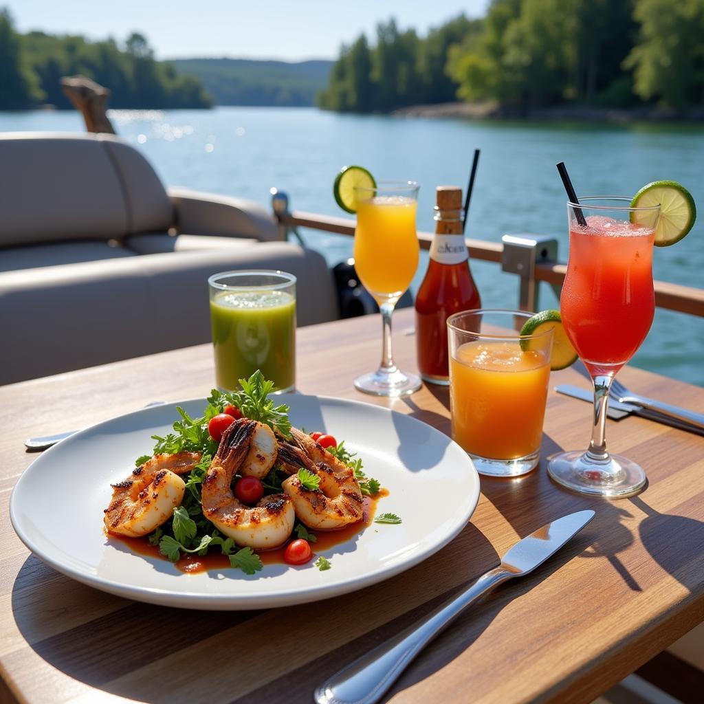 A gourmet meal prepared on a pontoon boat