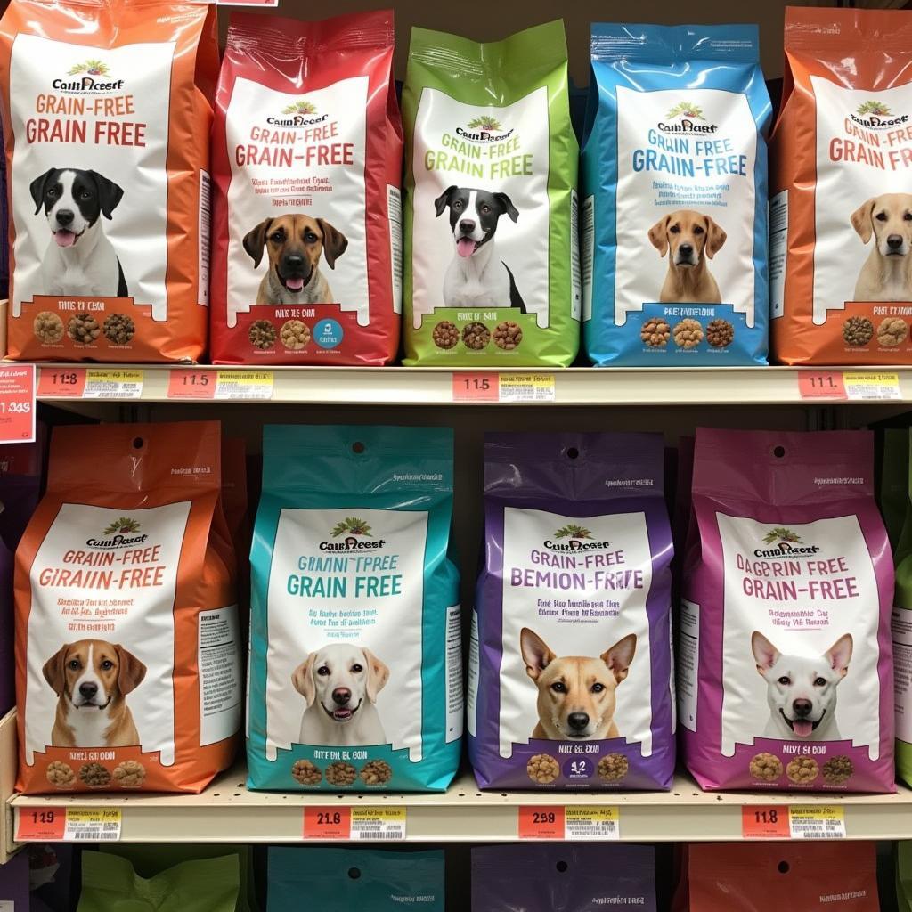 Bags of grain-free dog food on a shelf