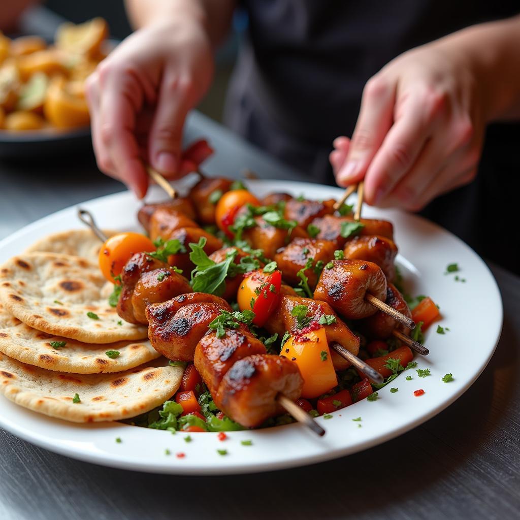 A close-up of a vendor at a Greek food truck serving a plate of sizzling souvlaki skewers with pita bread and various colorful toppings.