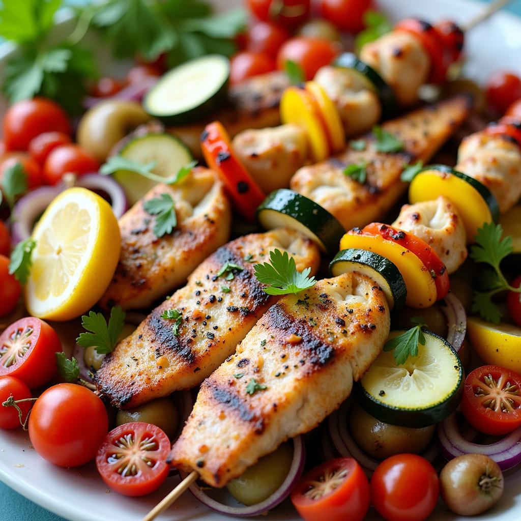 Colorful grilled fish skewers with a vibrant vegetable medley, served on a platter.