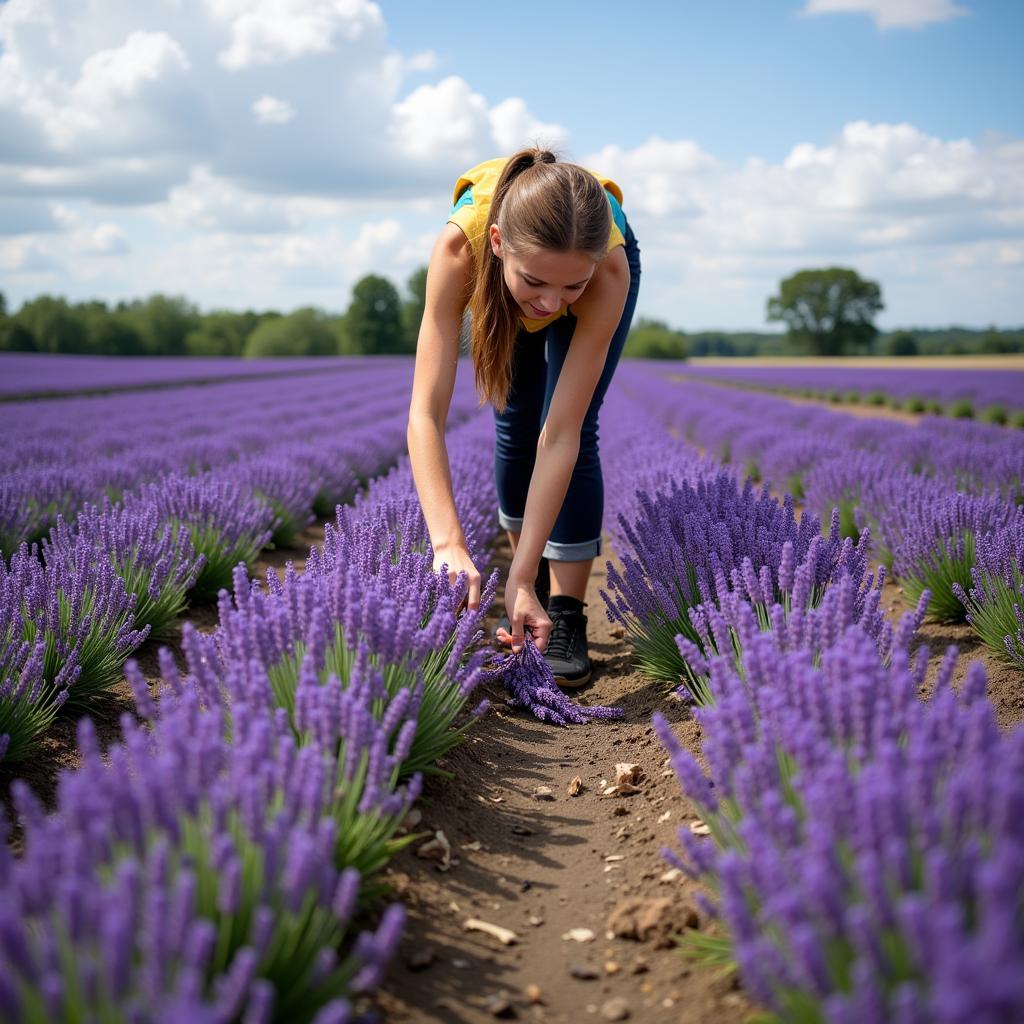 A person tending to a lavender field