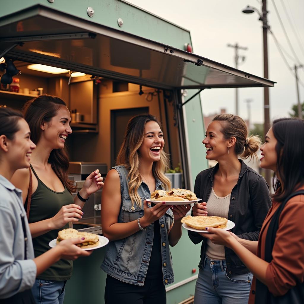 Happy Customers Enjoying Food Truck Meals