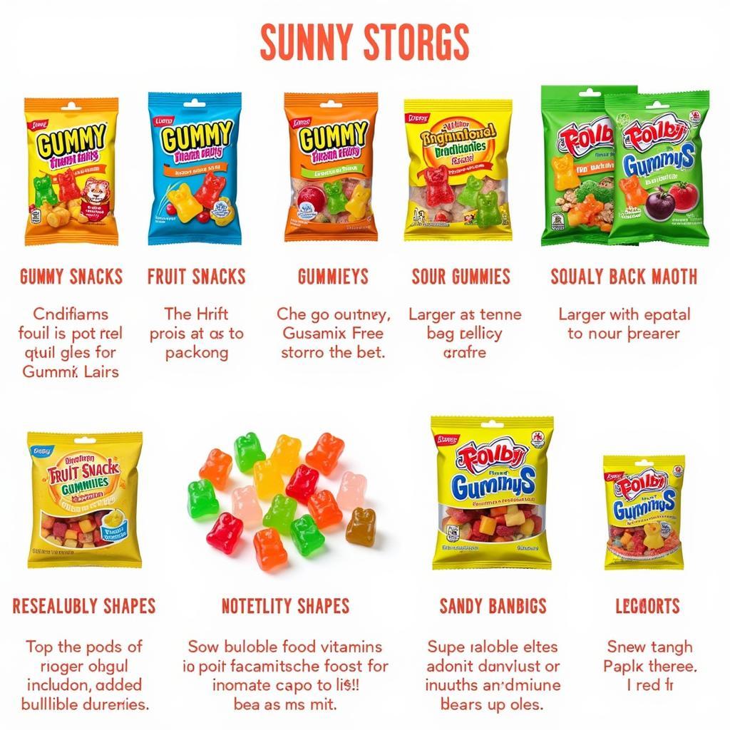 A colorful assortment of gummy food packs, showcasing different shapes, flavors, and brands.