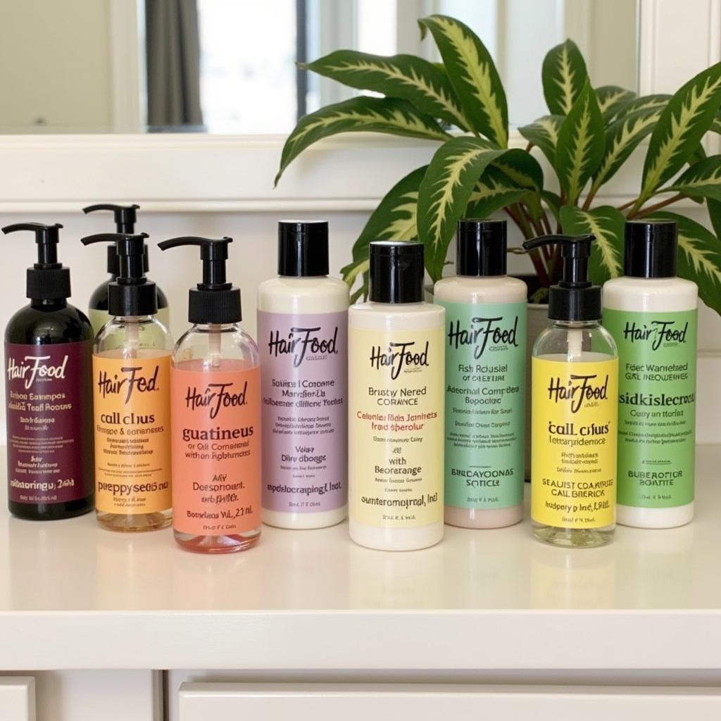 A variety of hair food shampoos on a shelf