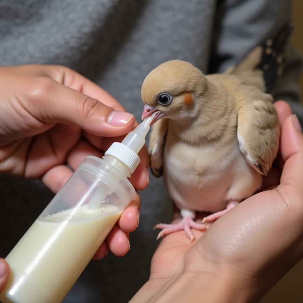 A person carefully hand-feeding a baby dove with a specialized formula using a syringe