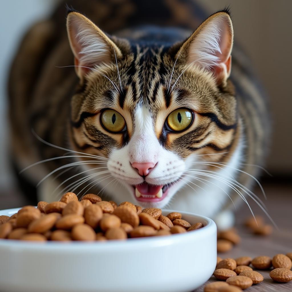 A happy cat enjoying a bowl of premium cat food.