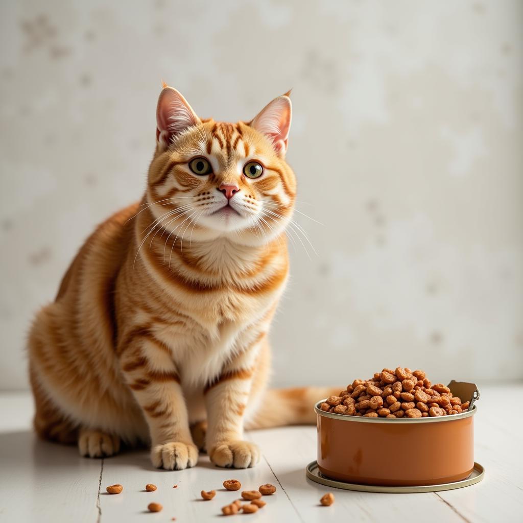 A happy cat sitting next to a can of turkey canned cat food