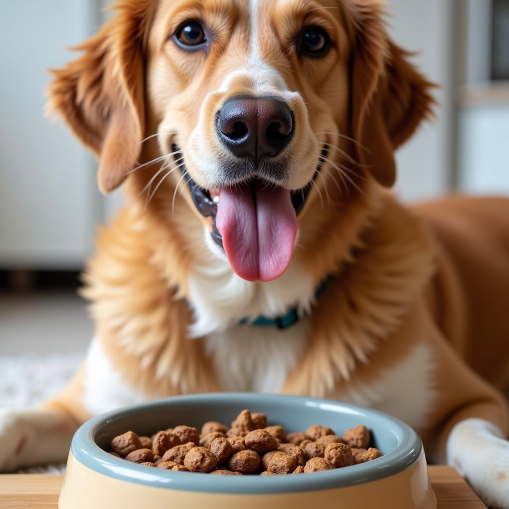 Happy Dog Eating Health Extension Air Dried Food