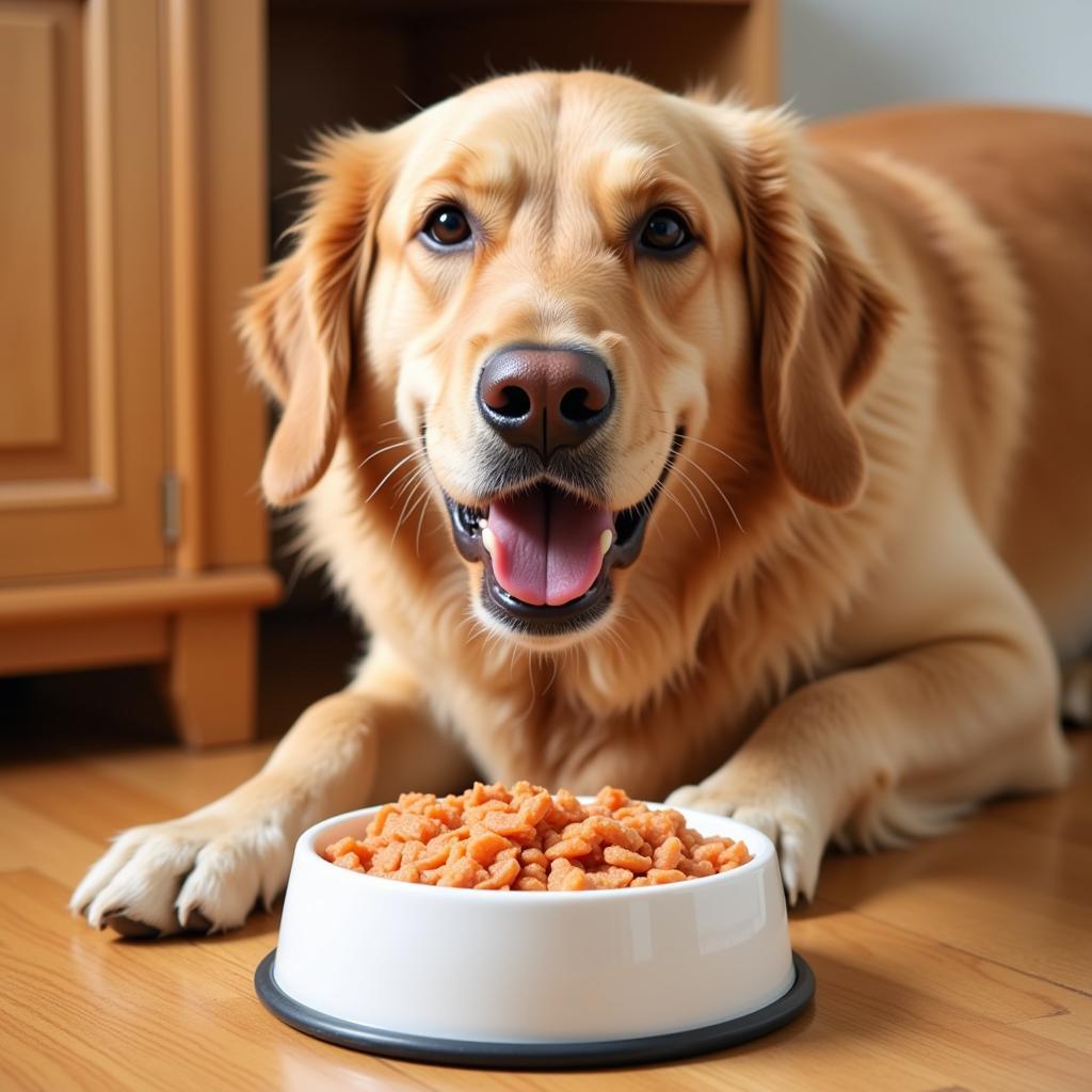 A happy dog eating salmon and rice dog food