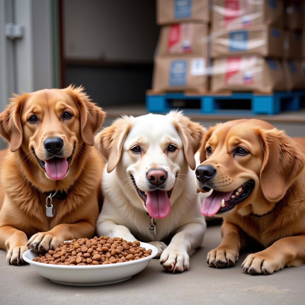 Happy Dogs Eating Food from Pallet Supply