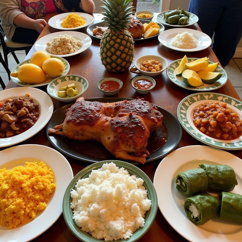 A vibrant spread of traditional Hawaiian meaʻai, including poi, kalua pig, laulau, and fresh fruit.