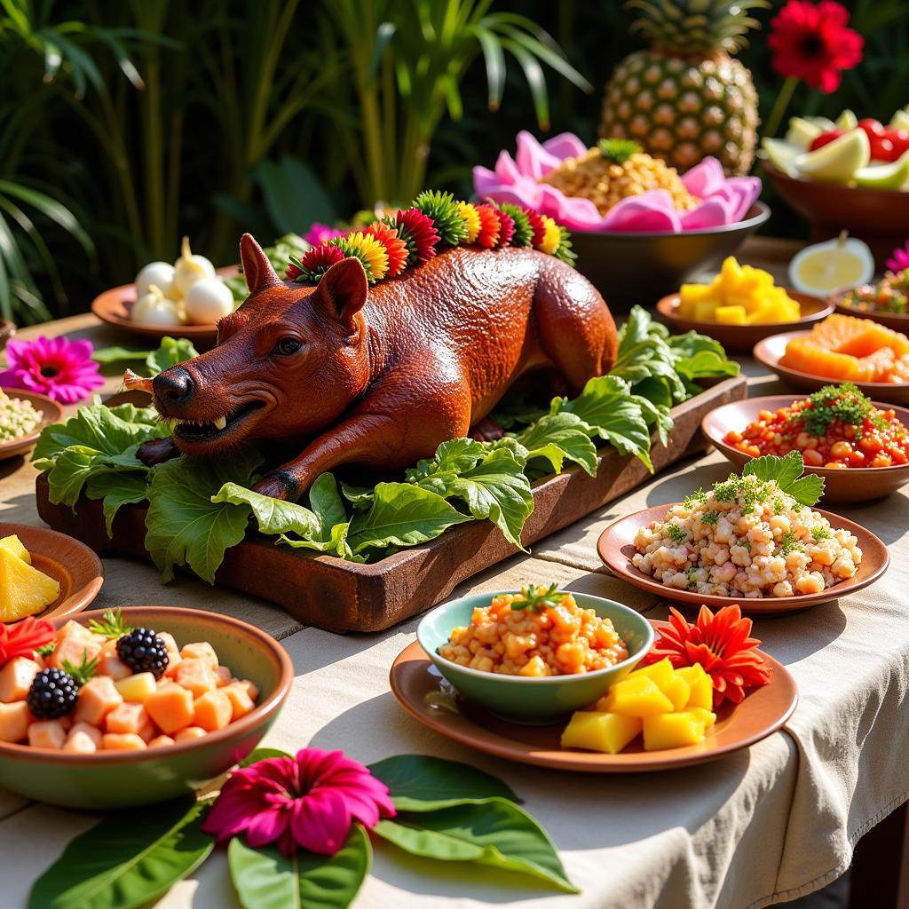 A vibrant spread of Hawaiian luau food, featuring kalua pig, poke, lomi salmon, and fresh tropical fruits.