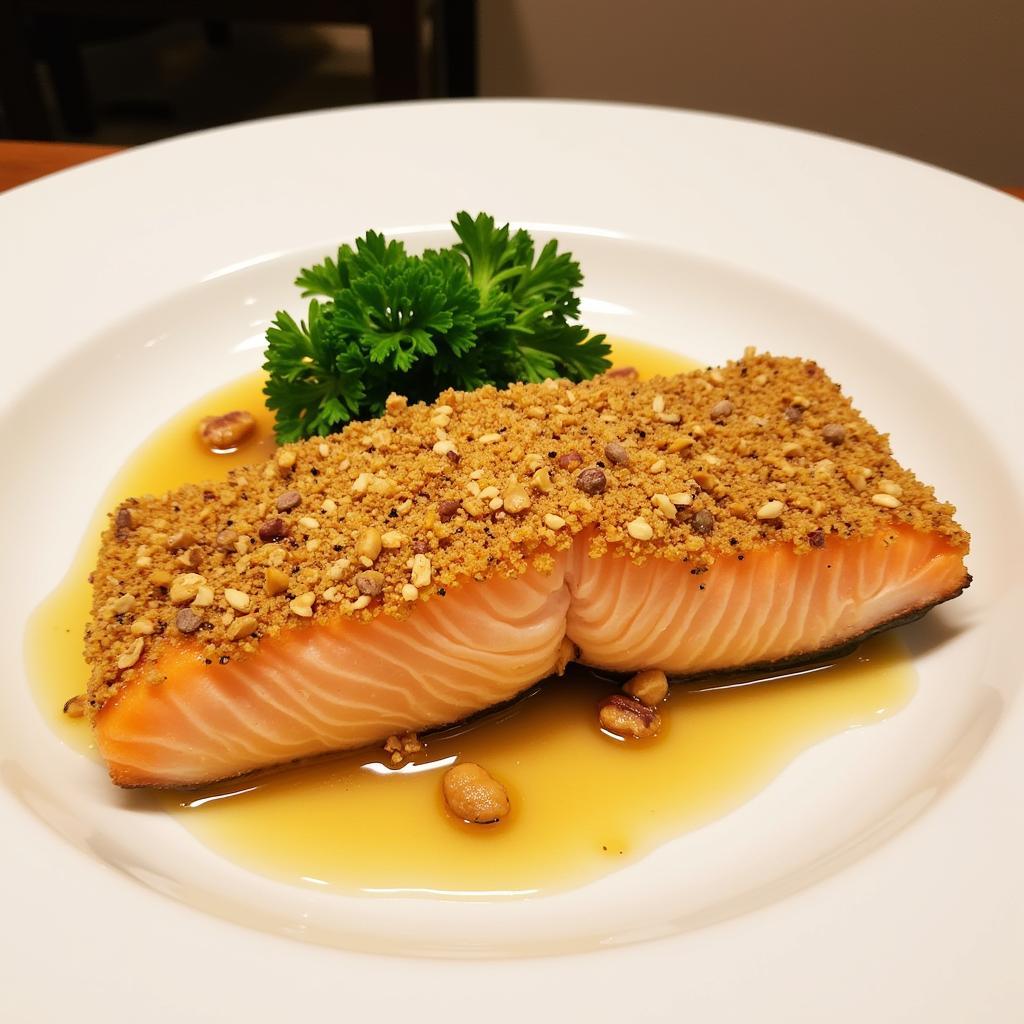 Hazelnut-crusted salmon fillet on a plate