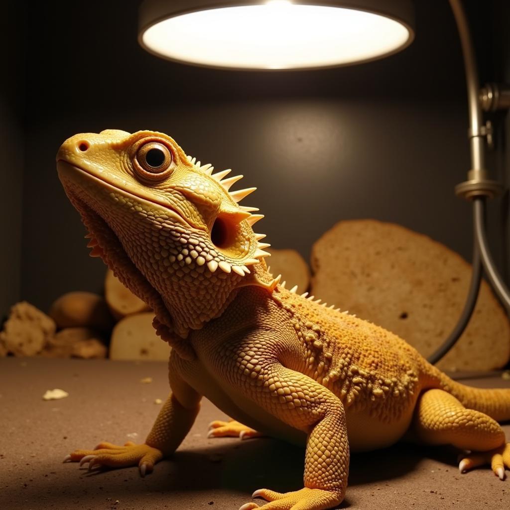 Healthy Bearded Dragon Basking Under a Heat Lamp