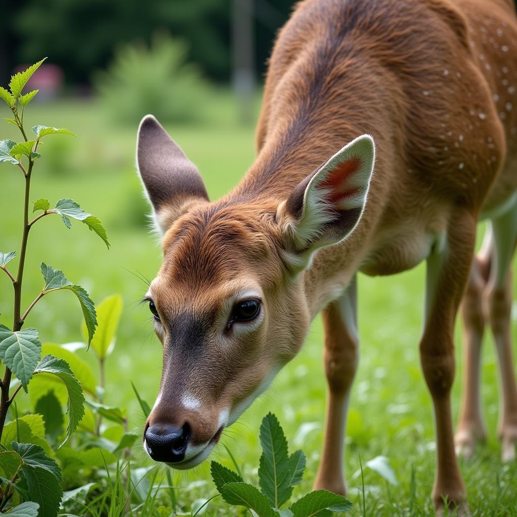 A healthy deer feeding on a lush summer food plot.