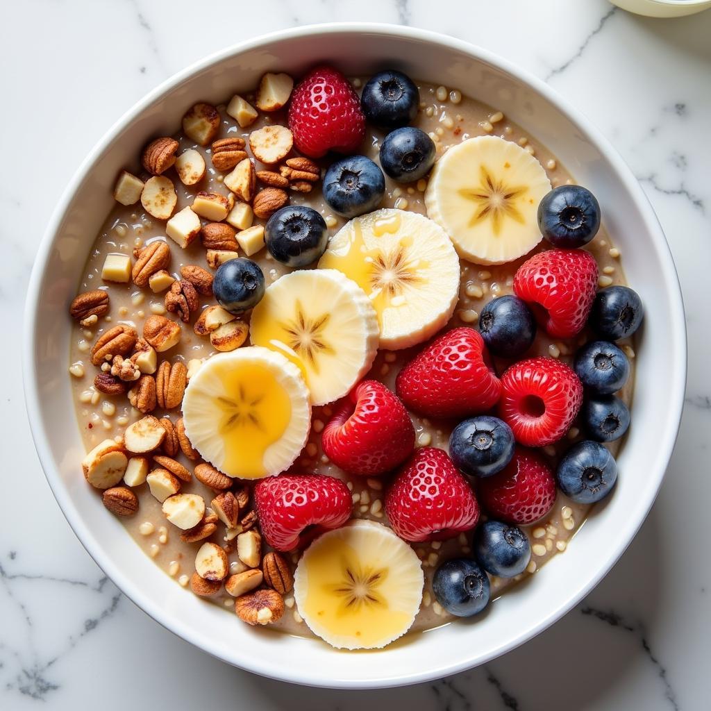 A bowl of oatmeal topped with fresh fruit and nuts.