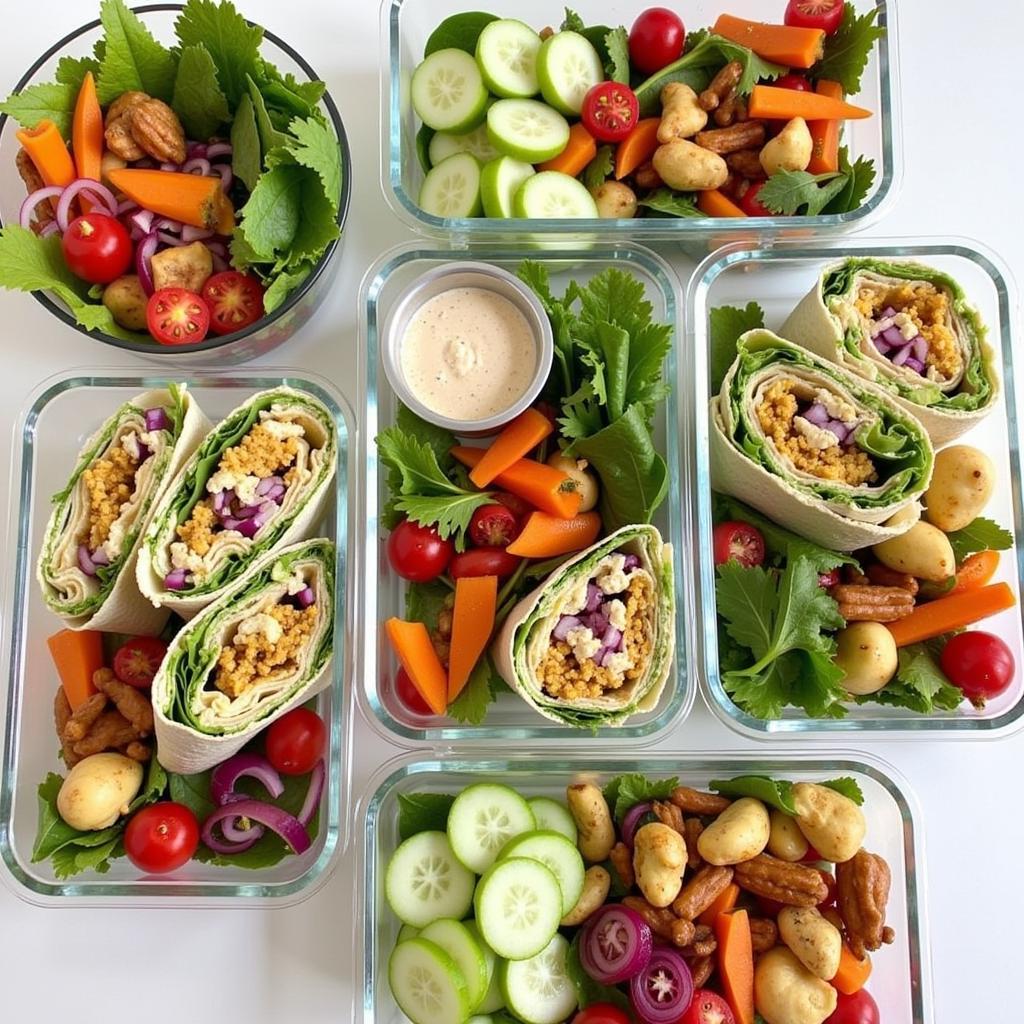 A healthy and vibrant raw vegan lunch delivery featuring a variety of colorful salads and wraps.