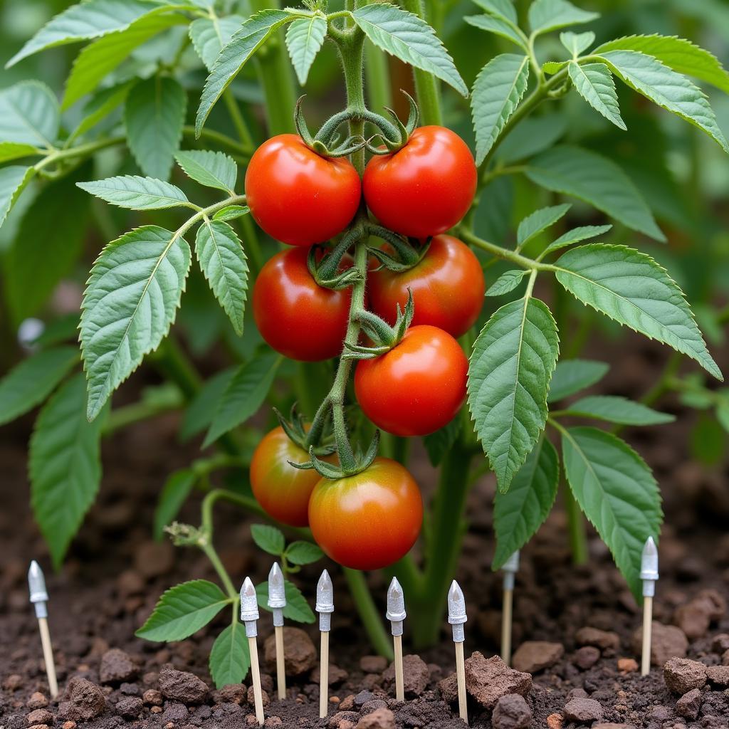 A thriving tomato plant fertilized with food spikes.