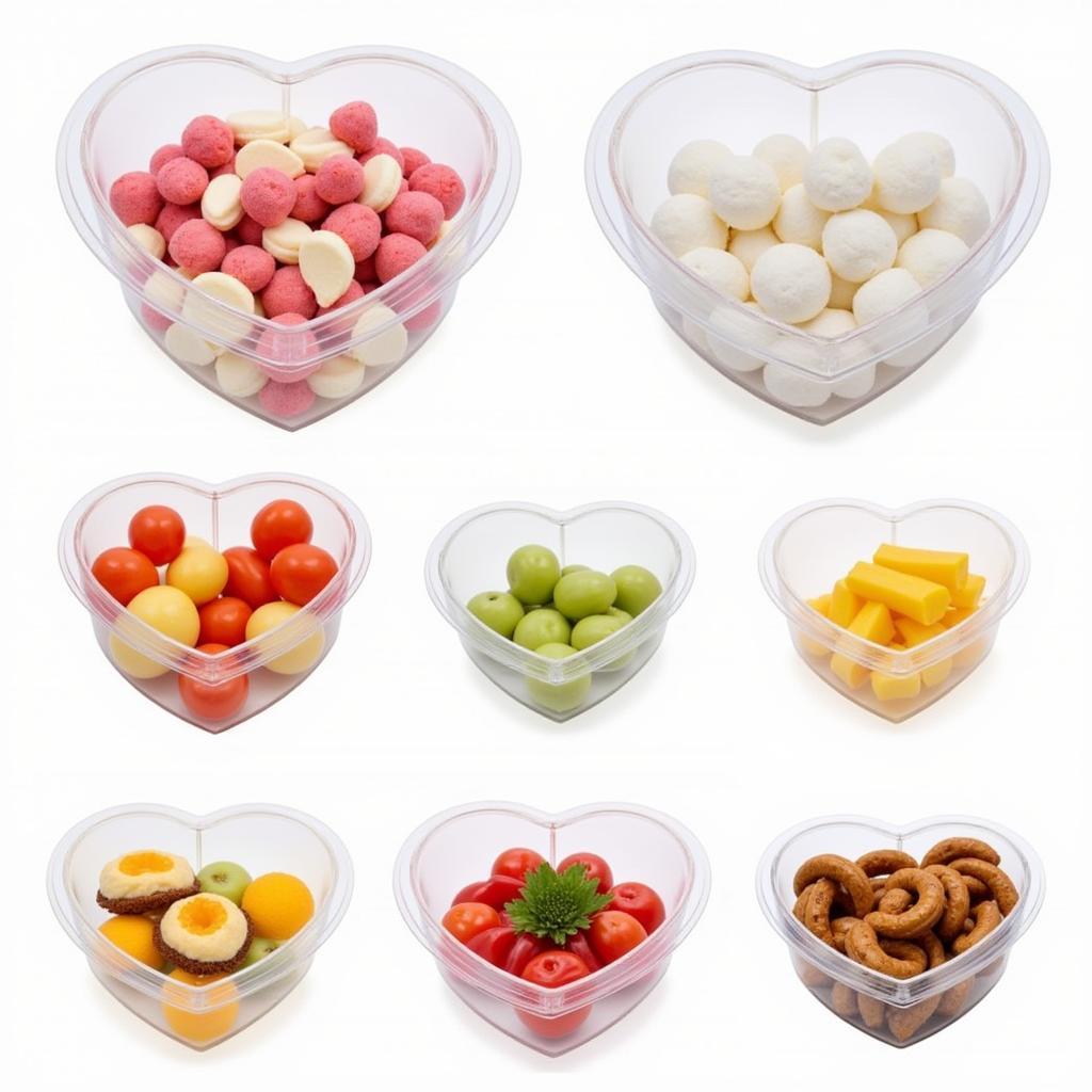 Heart-shaped food containers in various sizes, perfect for different serving portions.