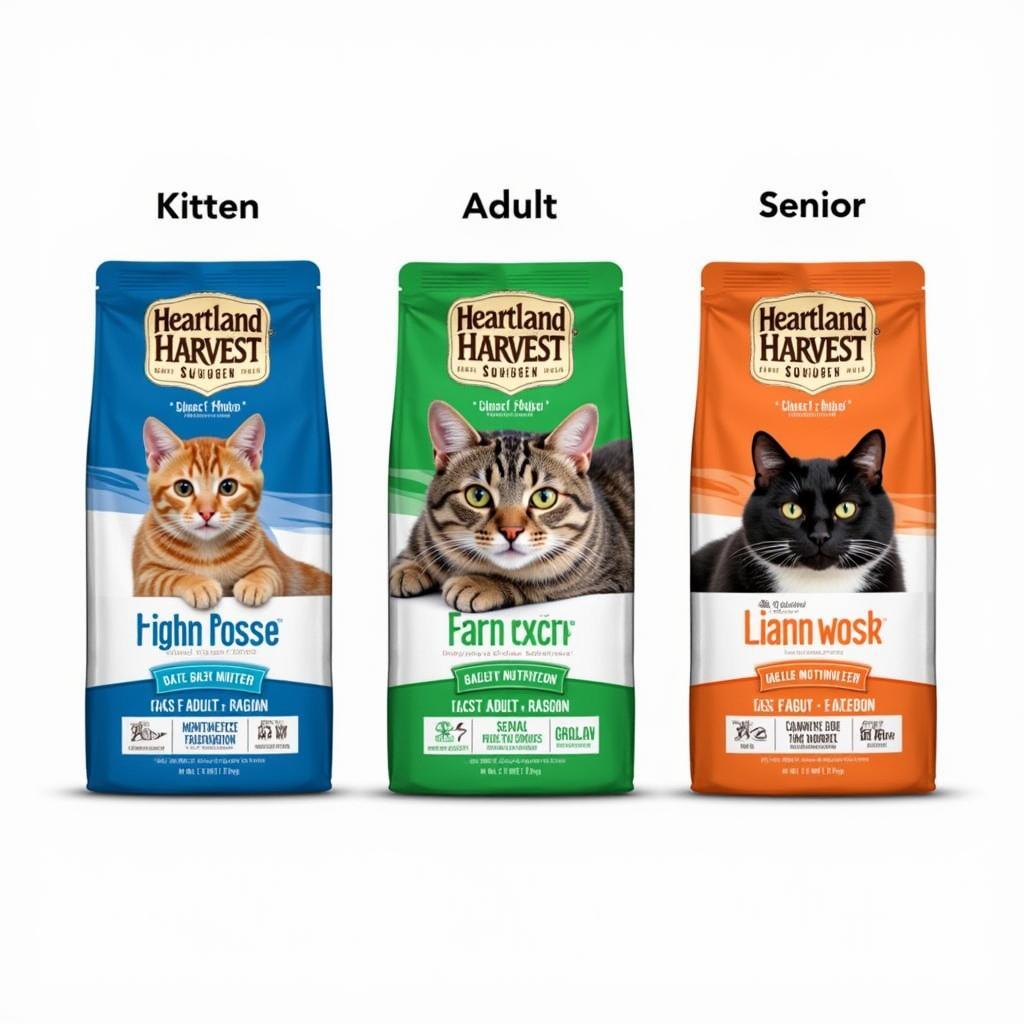 Heartland Harvest cat food packaging for different life stages: kitten, adult, senior.