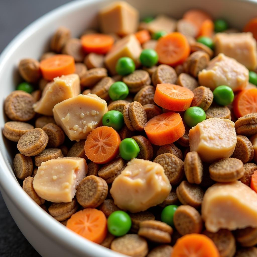 Close-up of Heartland Harvest cat food ingredients, showcasing the natural components like chicken, vegetables, and grains.