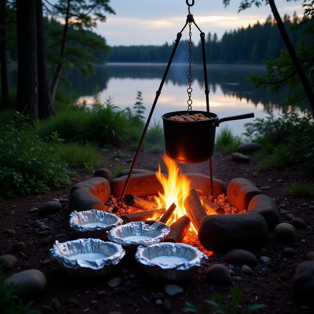 Campfire cooking in the BWCA with foil packet meals and a pot of stew.