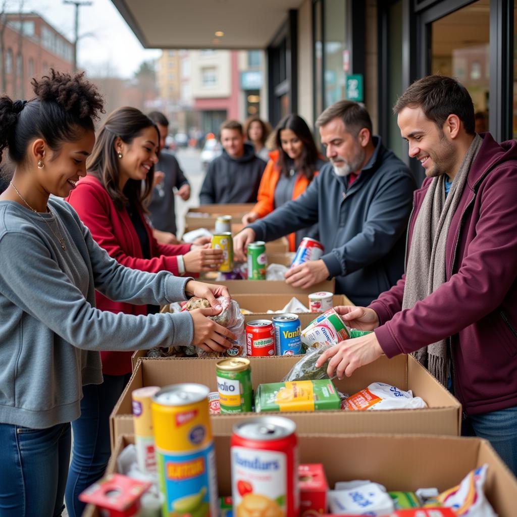 Community members donating food items at a HIM food bank collection point