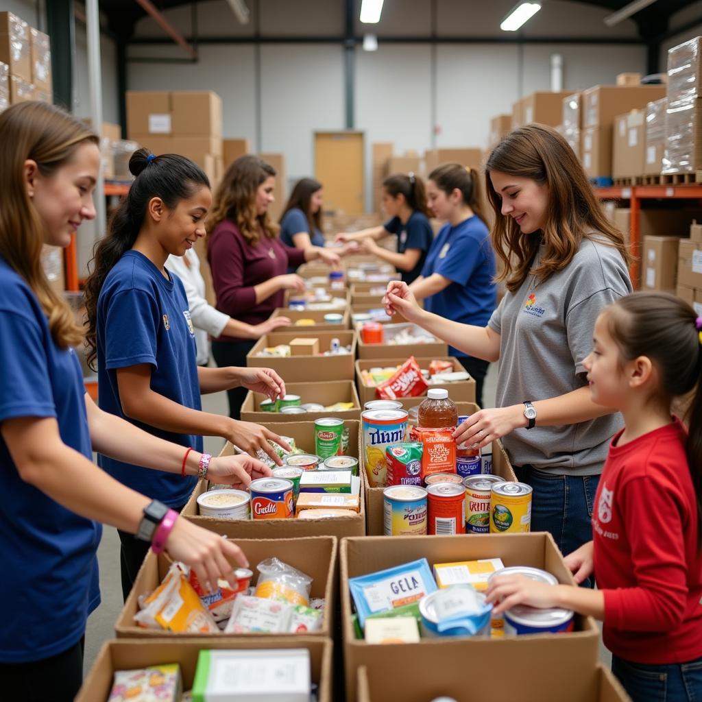 Volunteers sorting food donations at a HIM food bank