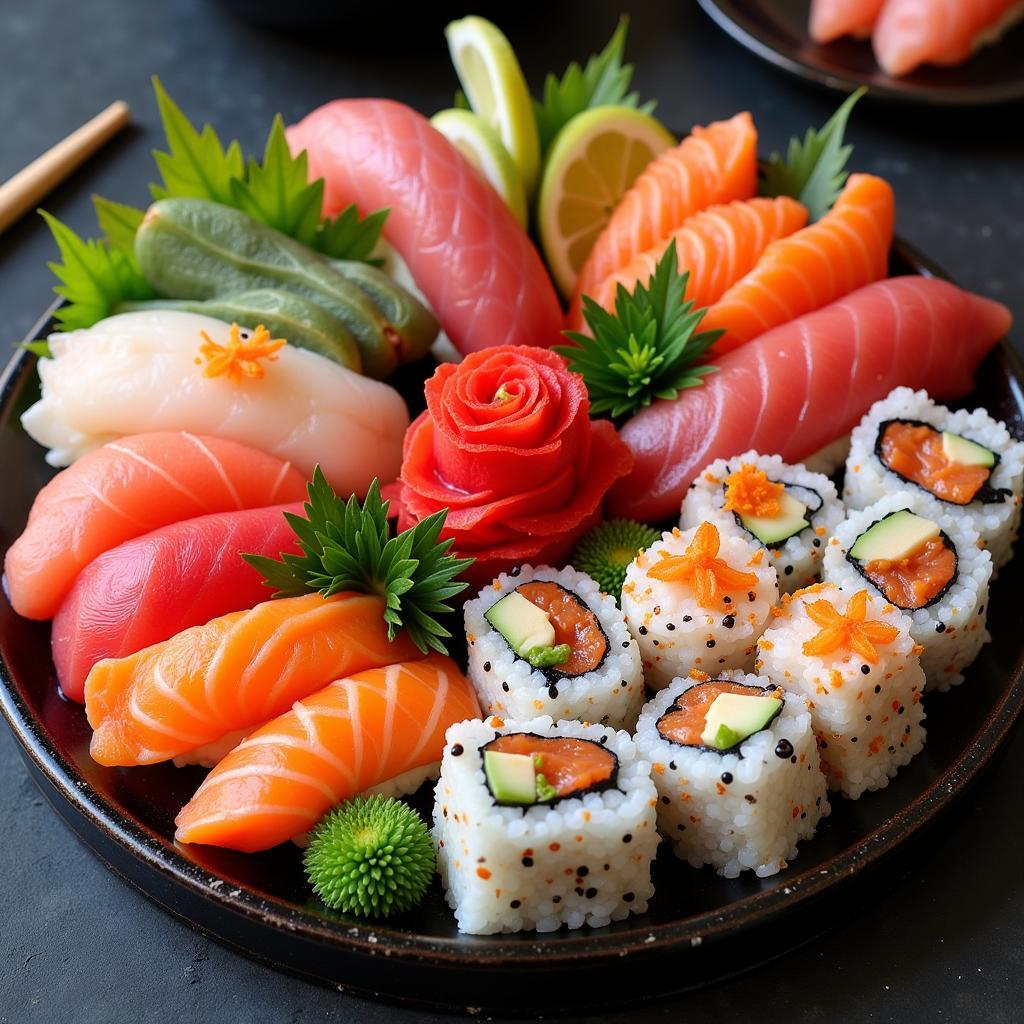 A beautifully arranged sushi platter in Hirafu