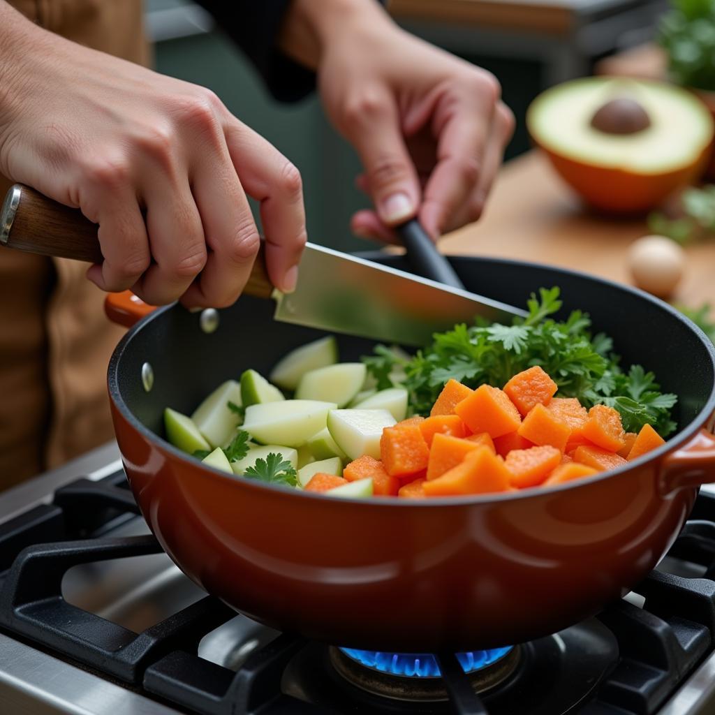 A home cook passionately preparing a delicious meal