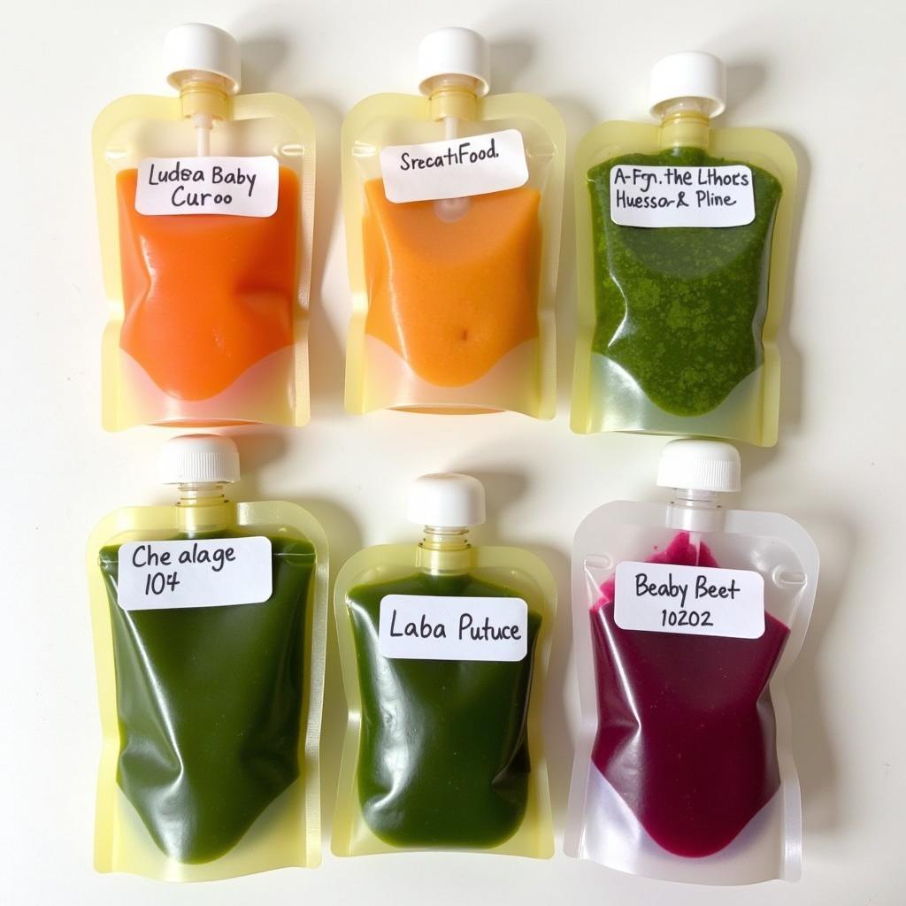 Fresh homemade baby food pouches filled with vibrant, colorful purees.