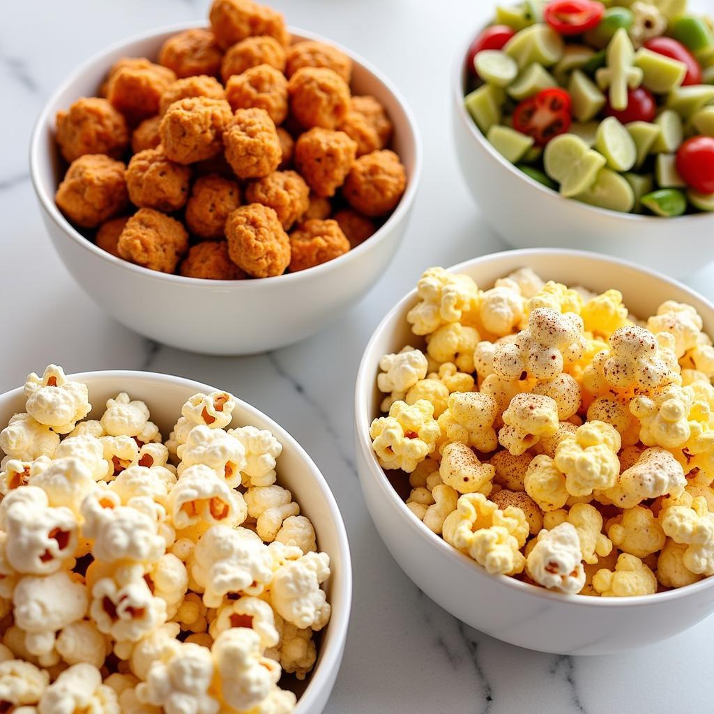 Various homemade gourmet popcorn flavors in bowls.