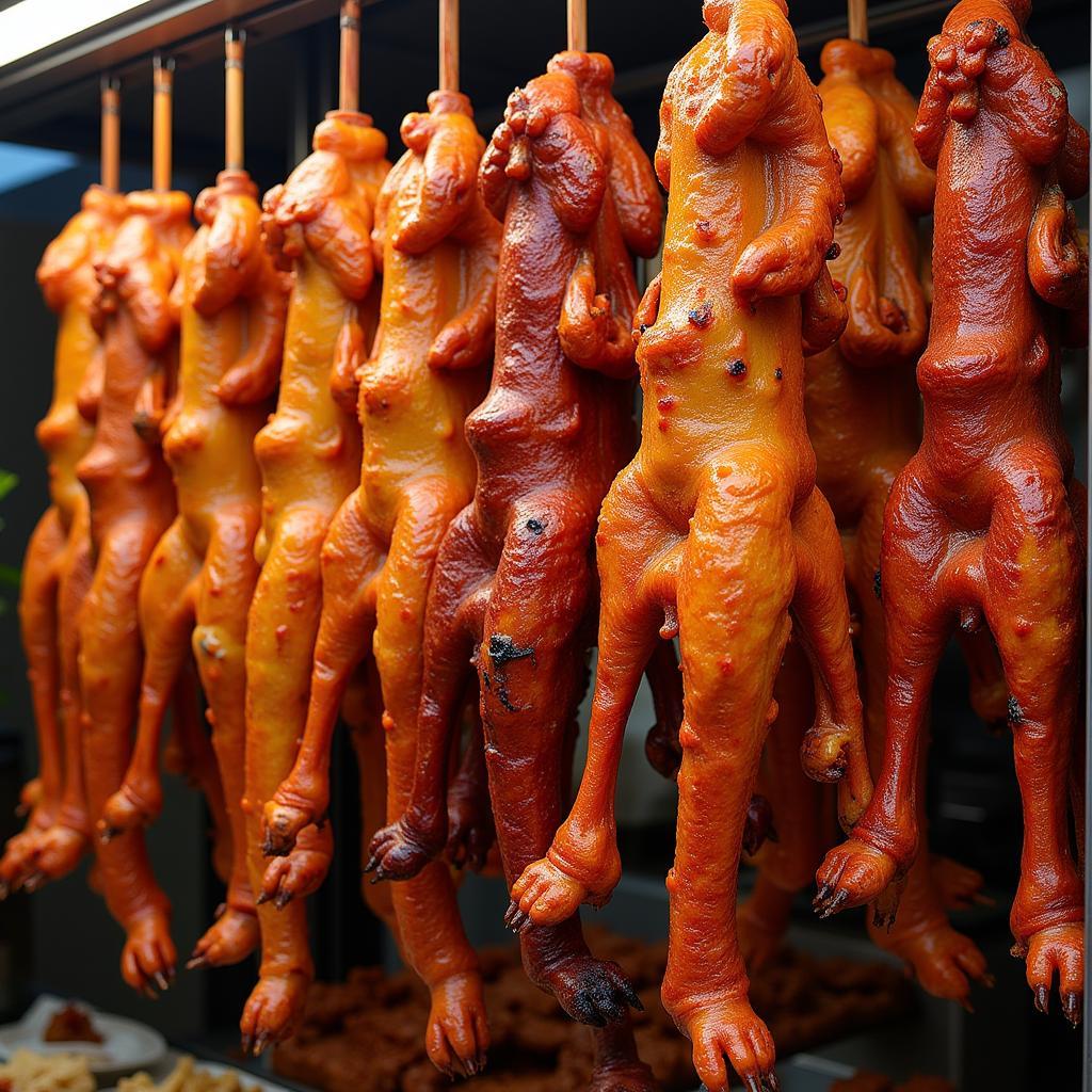 A display of glistening Hong Kong roast meats, including roasted duck, char siu, and roasted goose.