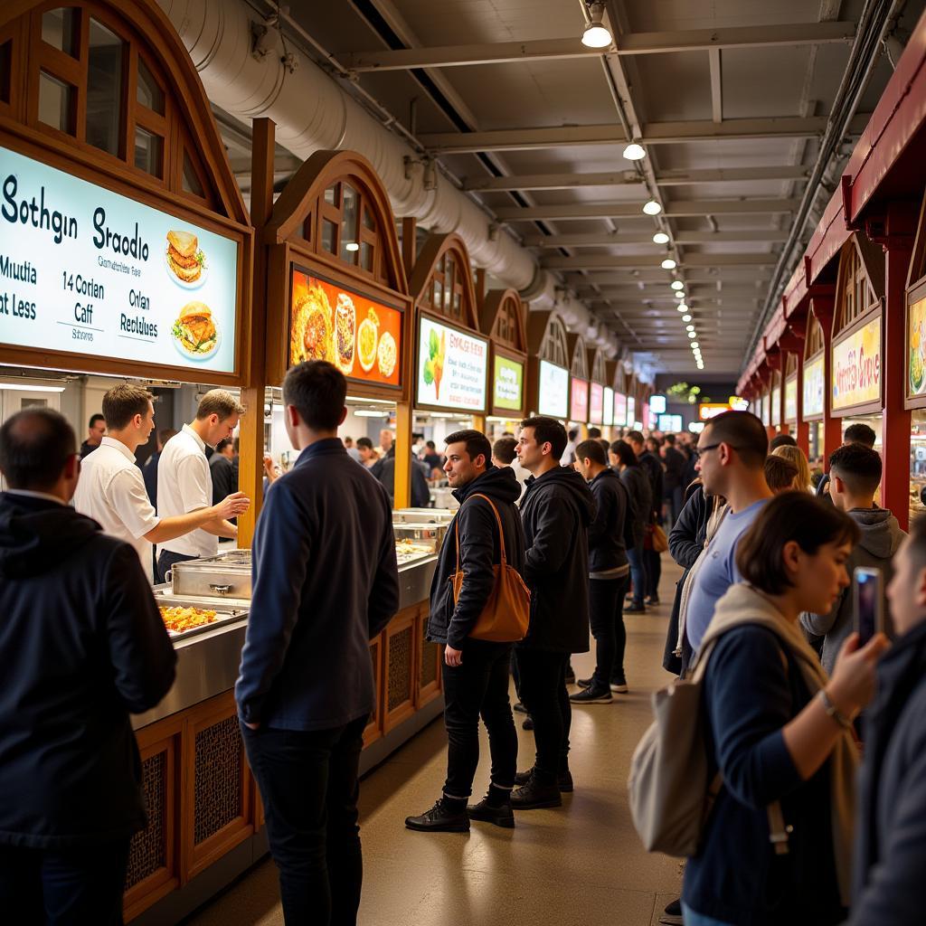 Crowds gather around various food booths at Hollywood Horror Nights, eager to try the spooky treats.