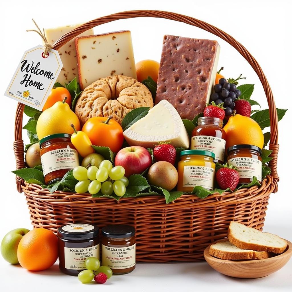 A beautiful housewarming food gift basket filled with assorted goodies