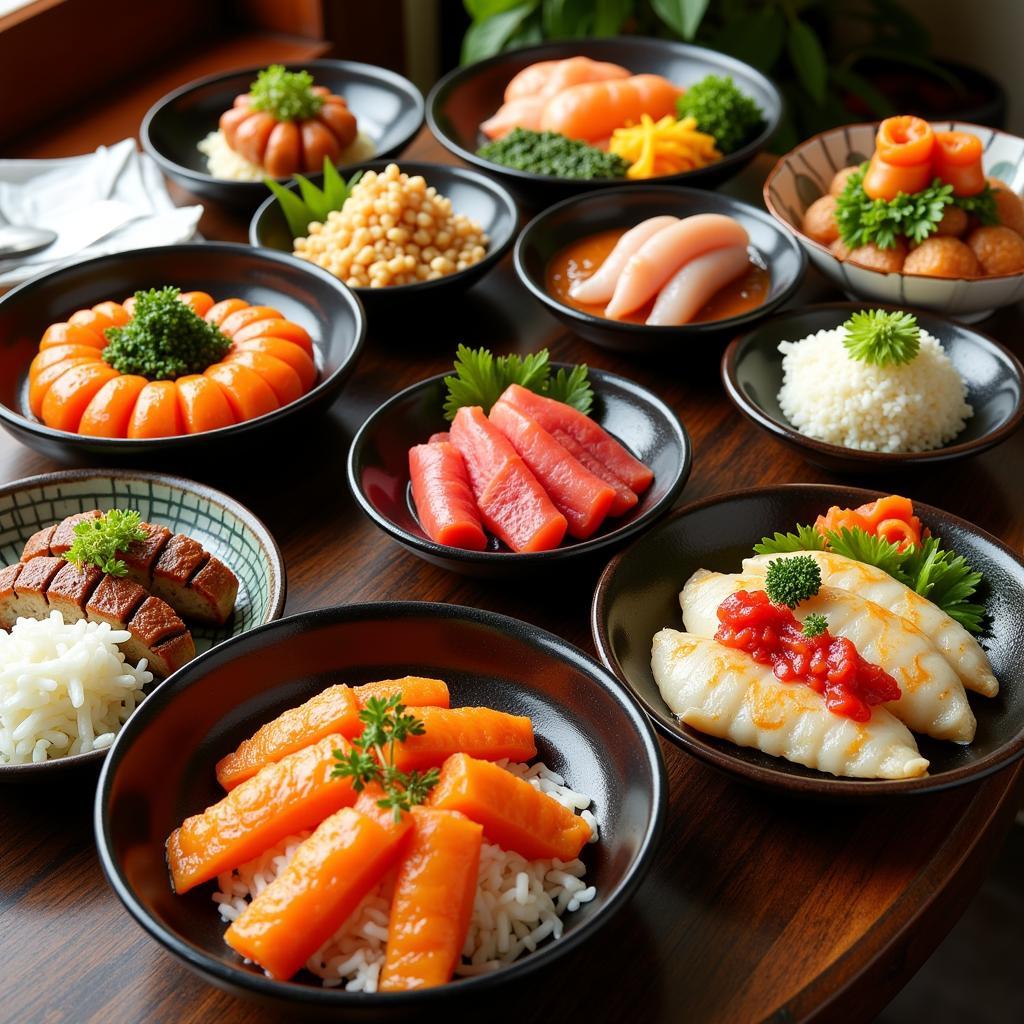 A vibrant spread of various Hoya Japanese dishes, including sushi, ramen, tempura, and grilled meats.