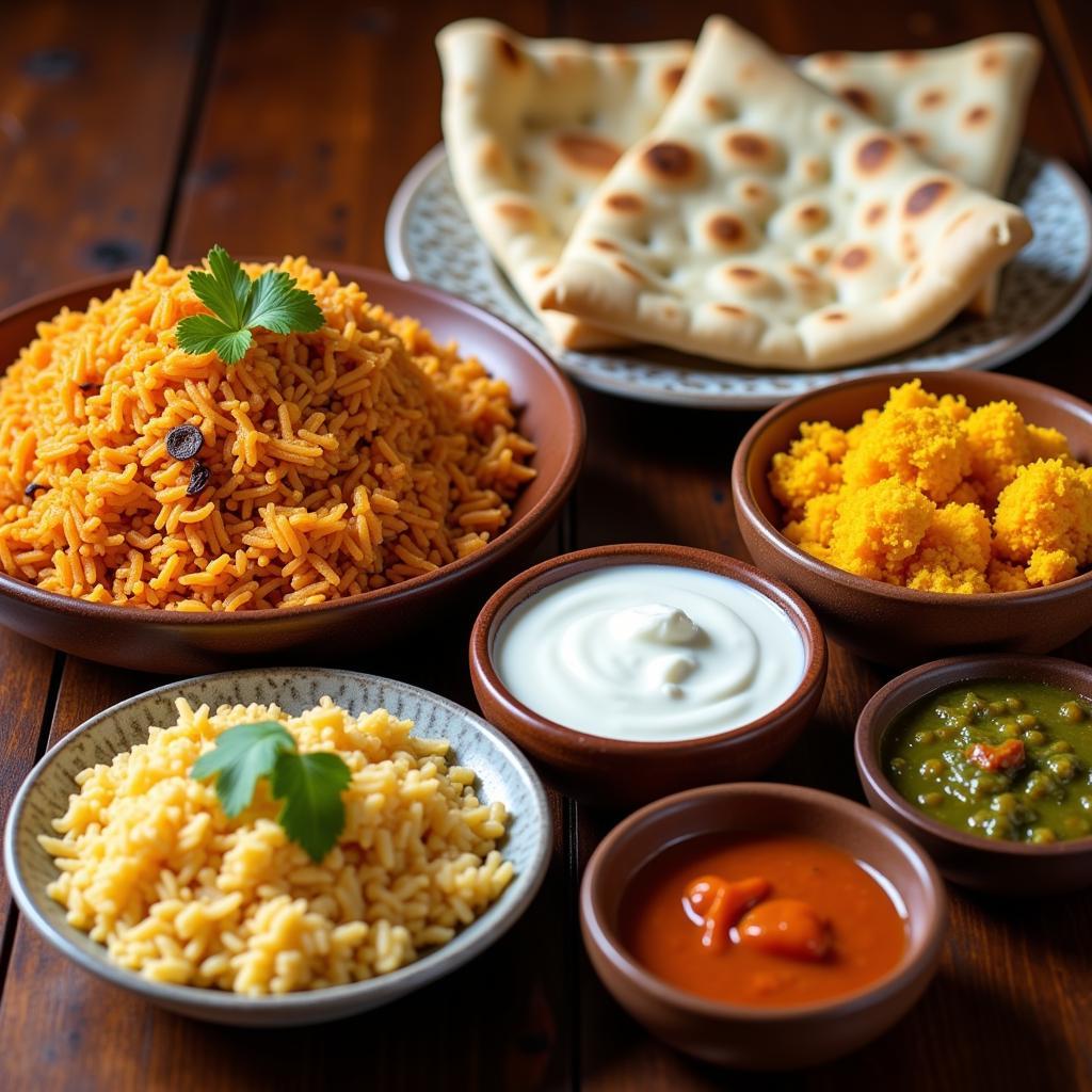 An assortment of Indian side dishes and accompaniments, including naan bread, rice, raita, and chutneys.