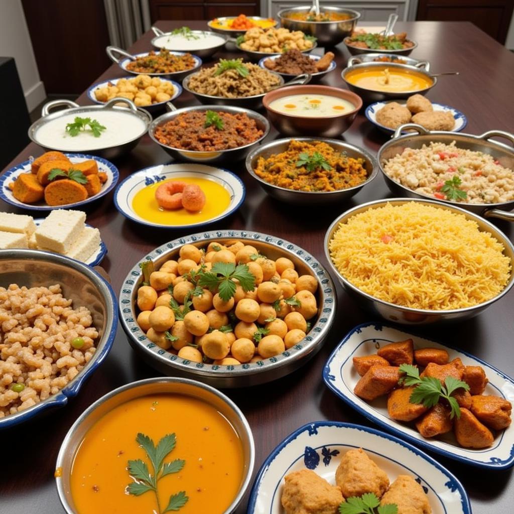 A colorful spread of Indian potluck dishes, including both vegetarian and non-vegetarian options.