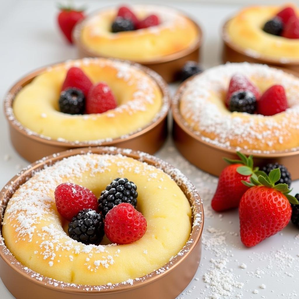 Individual angel food cakes baked in small pans.