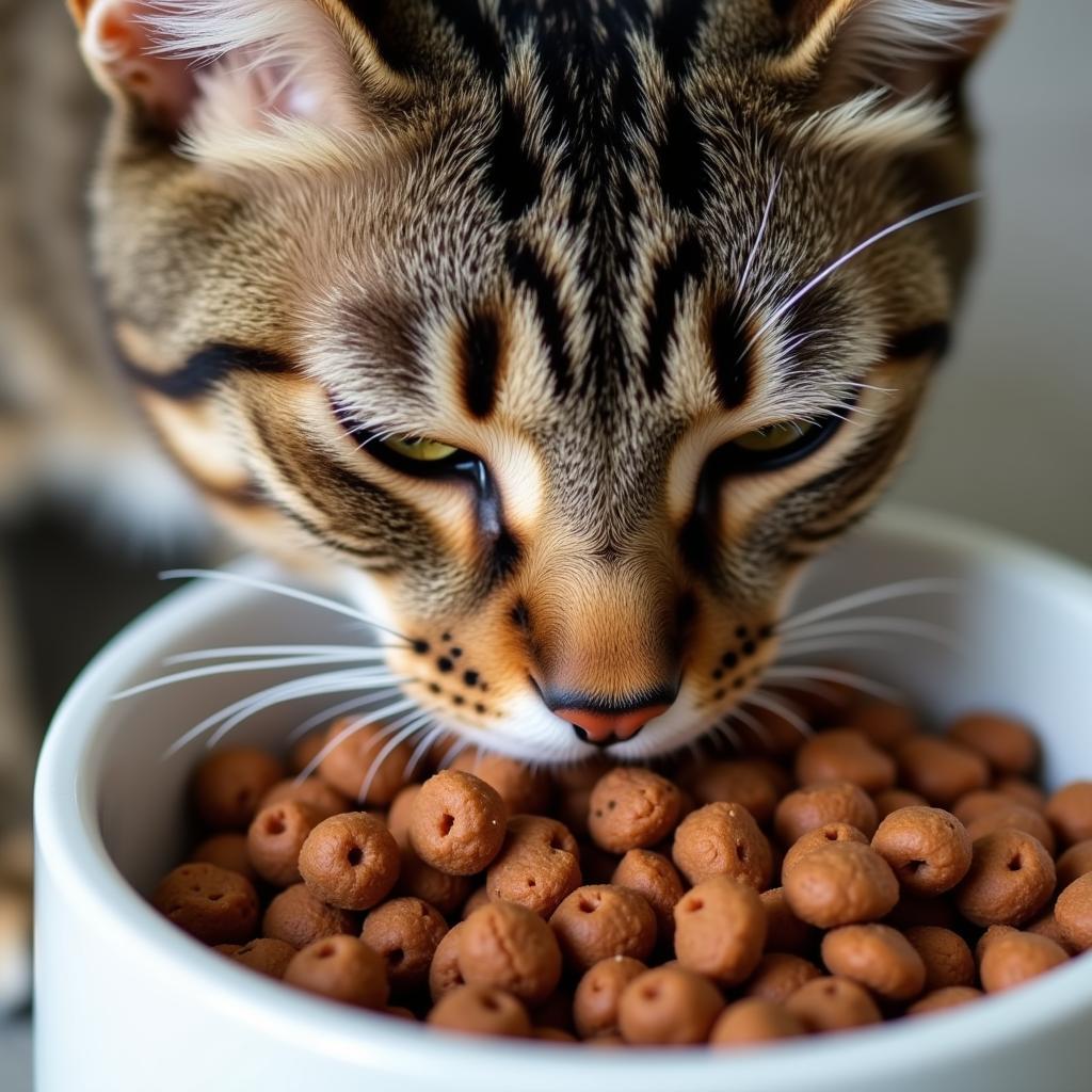 Insect protein cat food benefits: A close-up of a cat enjoying a bowl of insect-based kibble, showcasing its appealing texture and aroma.