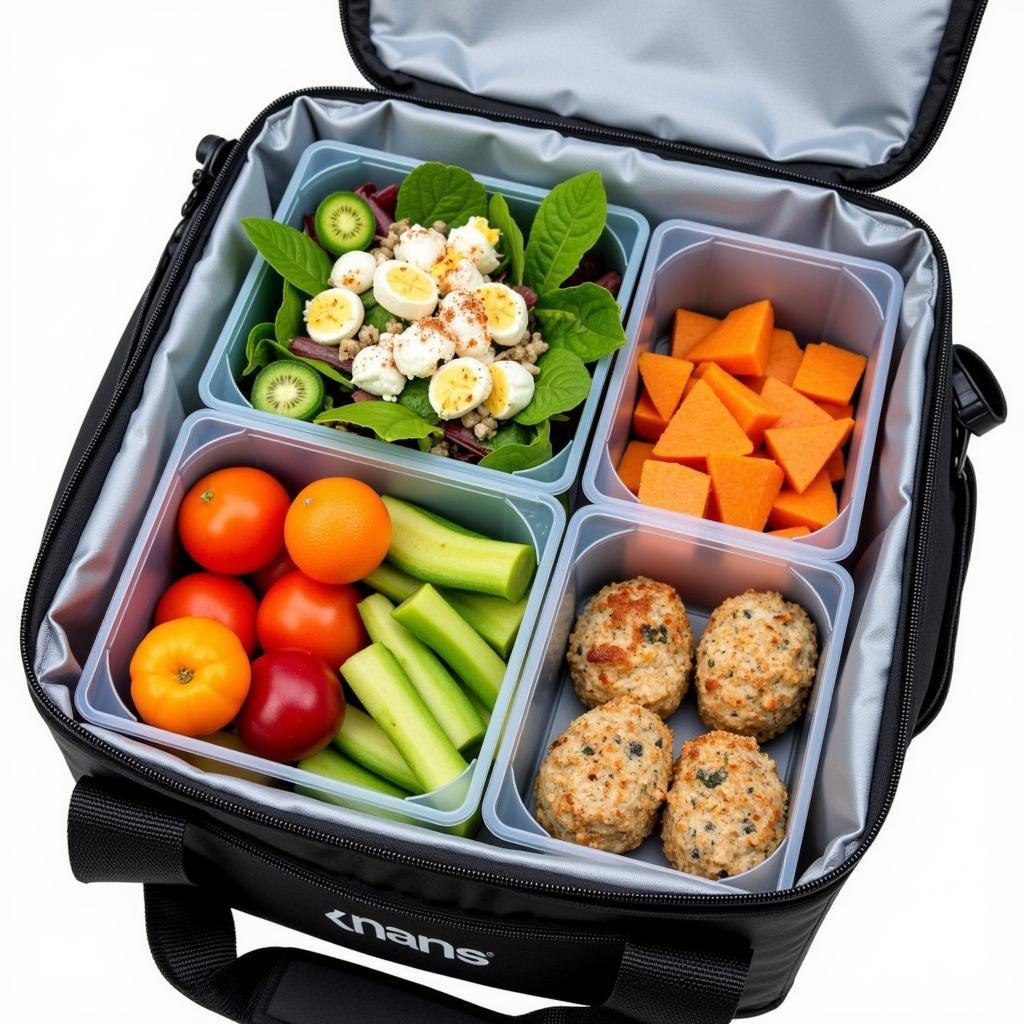 An insulated food tote with various meal prep containers inside, demonstrating its practicality for healthy eating.