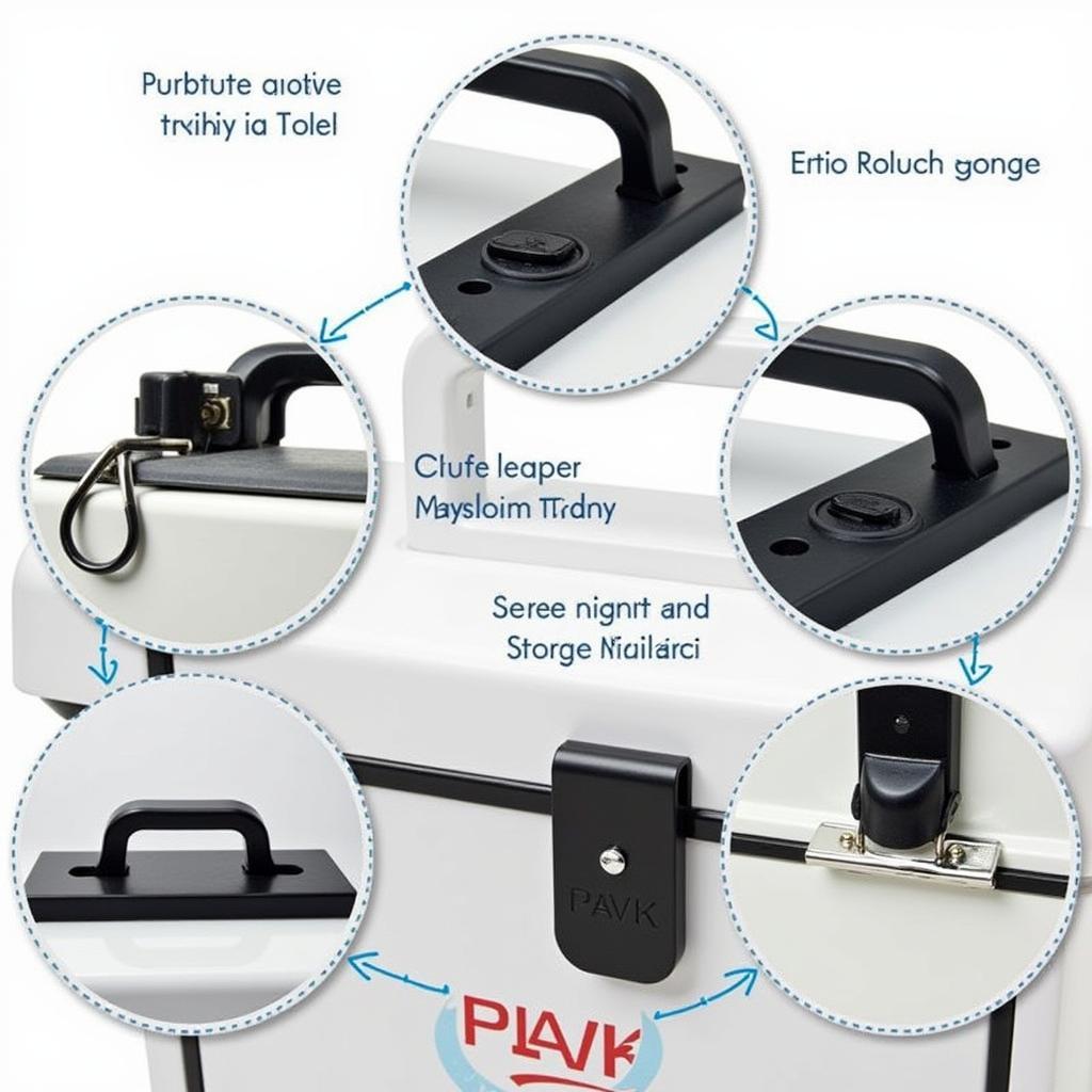 Close-up of the features of an insulated hot food carrier, highlighting the sturdy handles and secure latches