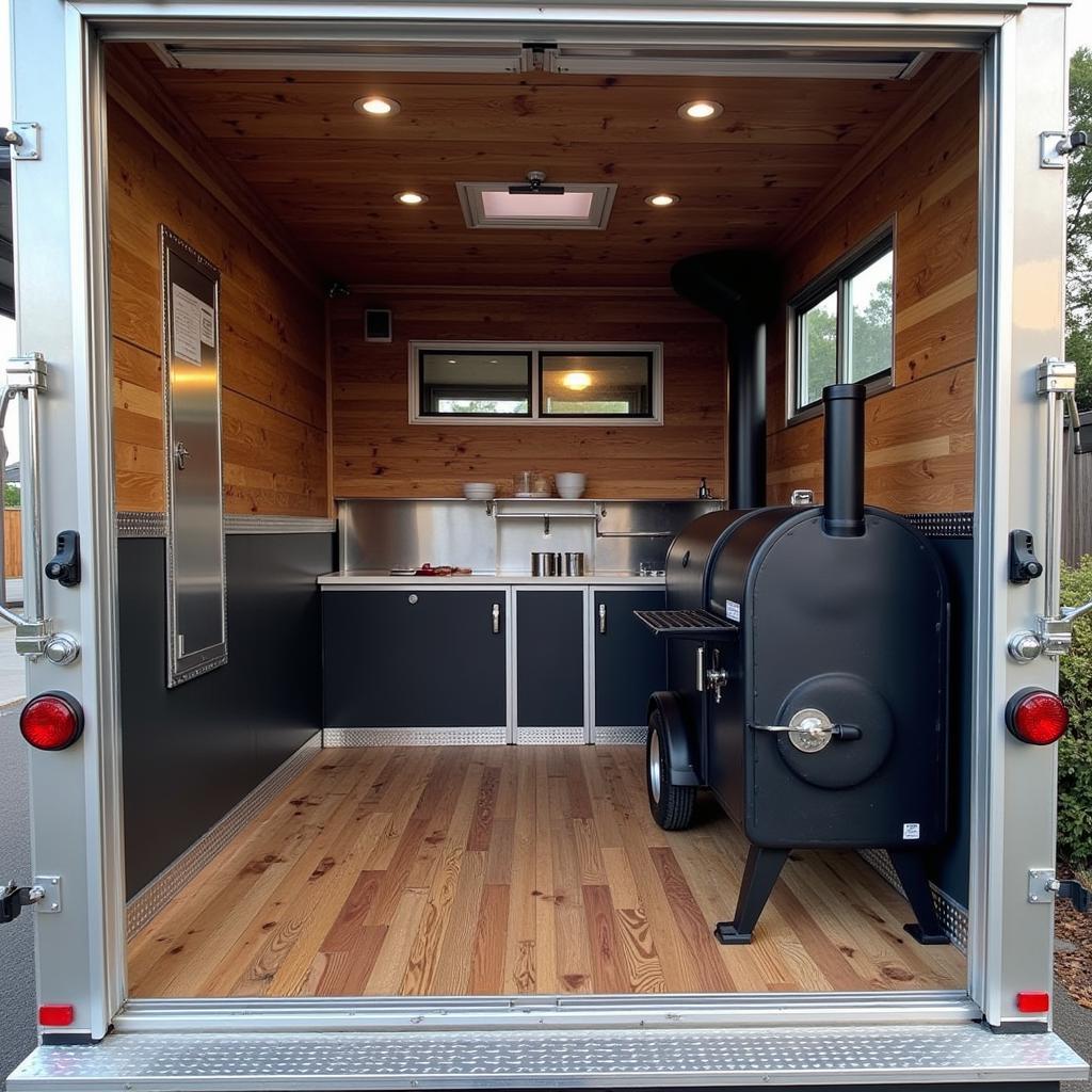 Interior view of a bbq food trailer with a smoker.