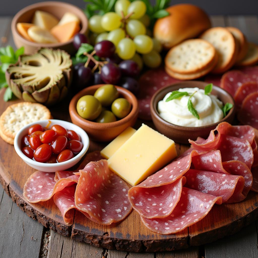 A beautifully arranged charcuterie board with a variety of Italian deli meats, cheeses, and accompaniments.