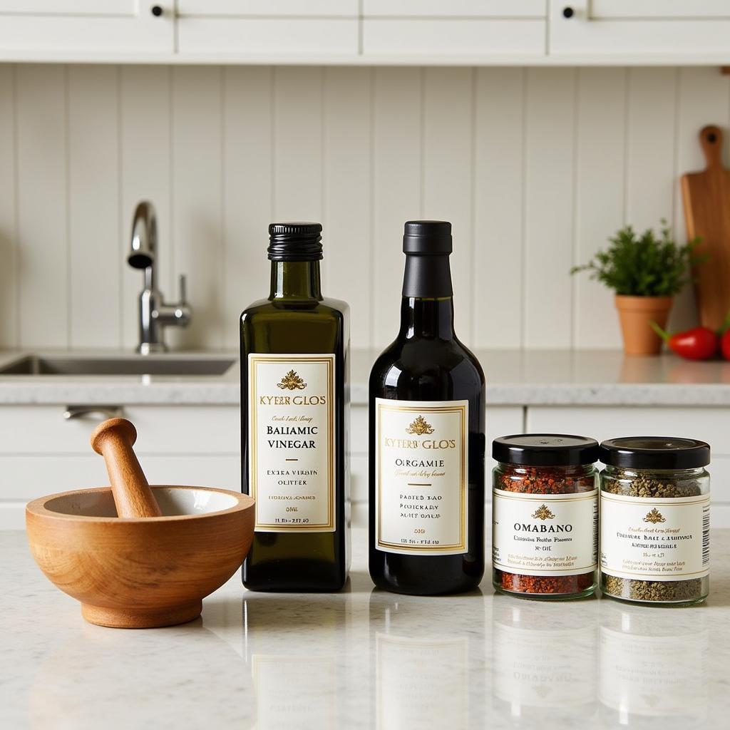 A gourmet pantry set featuring Italian staples like olive oil, balsamic vinegar, and dried herbs.