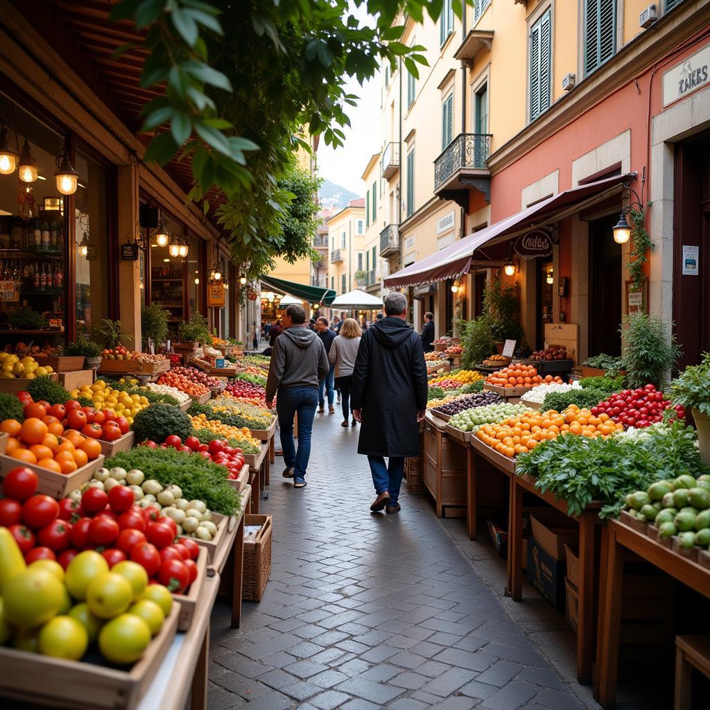 A bustling Italian food market with vendors selling fresh produce.