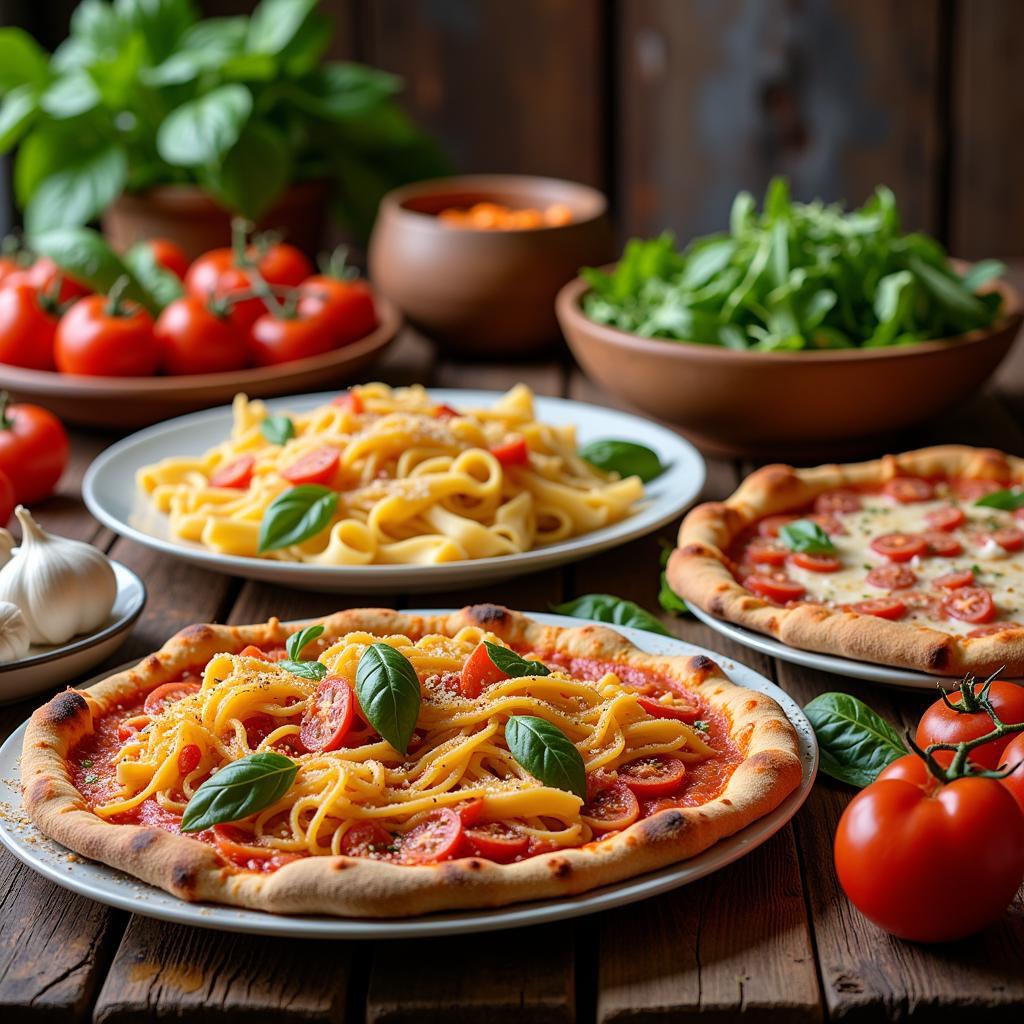 A table filled with classic Italian dishes like pasta, pizza, and fresh ingredients.