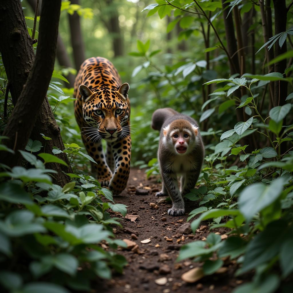 Jaguar Hunting Monkey in Forest